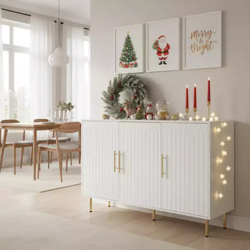 Homy Casa Modern White Accent Cabinet with Fluted Doors and Gold Metal Legs, Storage Sideboard for Living Room