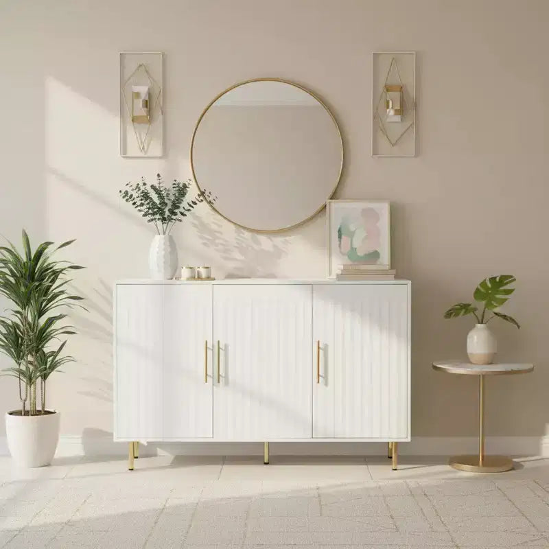 Homy Casa Mobiletto d'accento moderno bianco con ante scanalate e gambe in metallo dorato, credenza contenitore per soggiorno