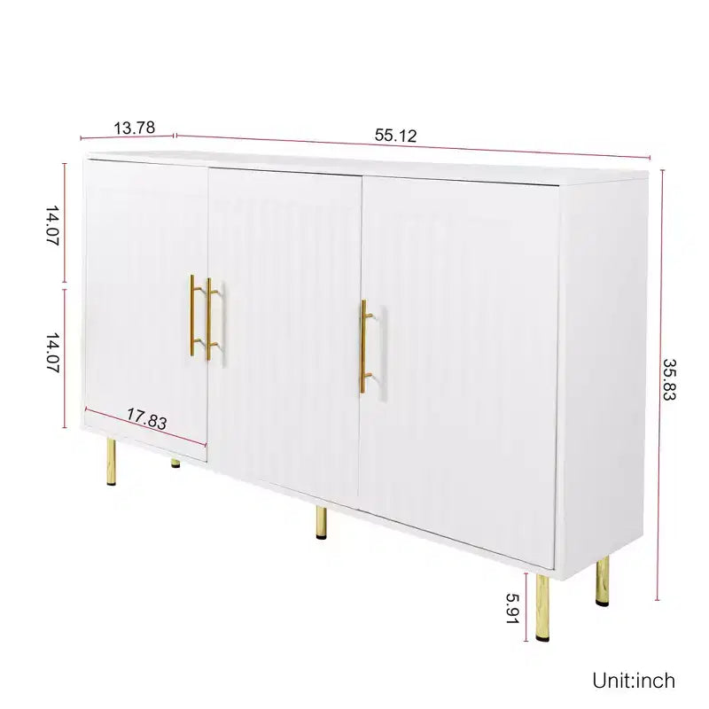 Meuble d'appoint moderne blanc Homy Casa avec portes cannelées et pieds en métal doré, buffet de rangement pour salon