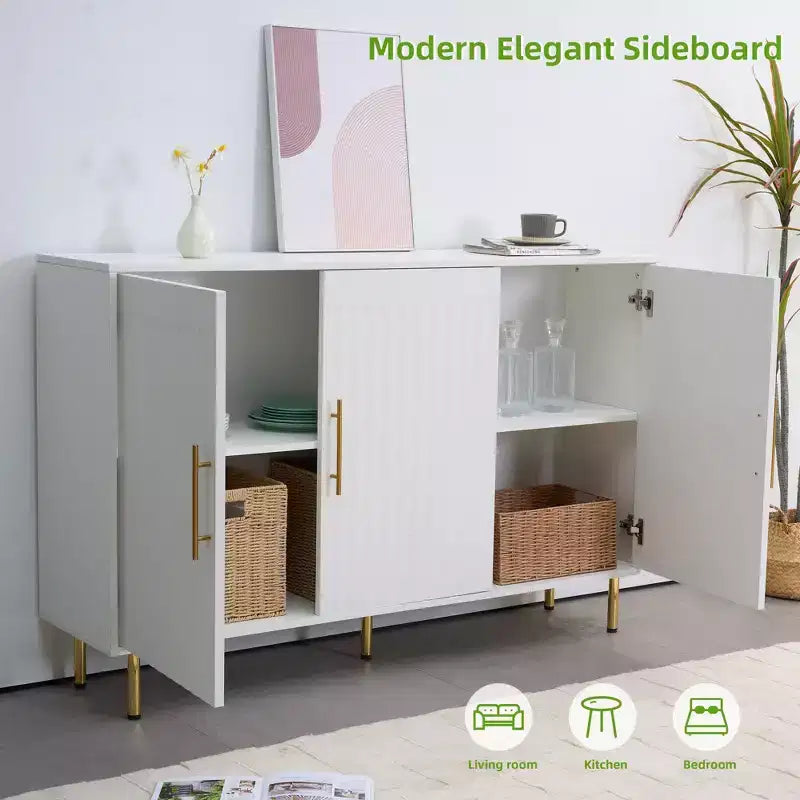 Homy Casa Mobiletto d'accento moderno bianco con ante scanalate e gambe in metallo dorato, credenza contenitore per soggiorno