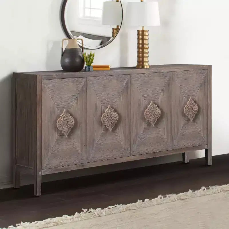 Credenza a buffet a 4 ante stile retrò, ampio mobile da cucina, elegante consolle da ingresso con ripiani regolabili