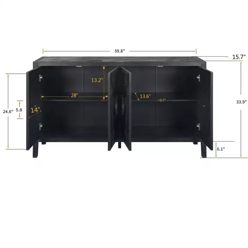 Credenza a buffet a 4 ante stile retrò, ampio mobile da cucina, elegante consolle da ingresso con ripiani regolabili