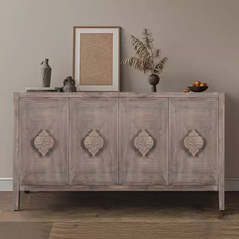 Credenza a buffet a 4 ante stile retrò, ampio mobile da cucina, elegante consolle da ingresso con ripiani regolabili