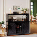 55 Coffee Bar Cabinet with Barn Door  Large Kitchen Hutch with Built-in Power Outlet, Wine Glass Rack & Tall Buffet Storage  Farmhouse Coffee Bar