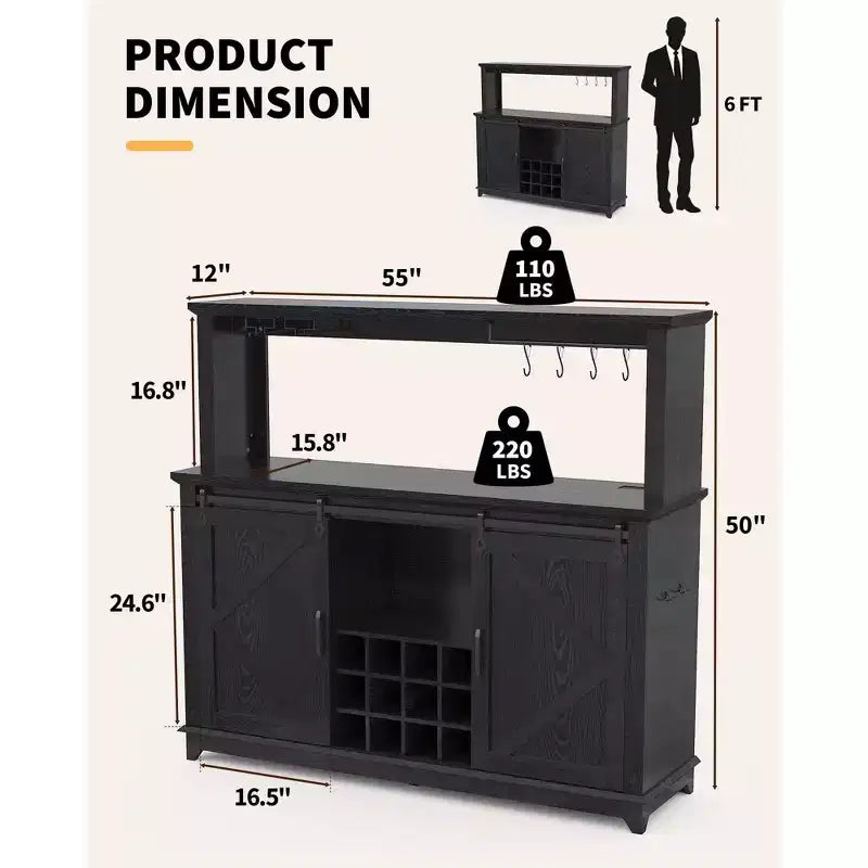 Meuble de bar à café de 55" avec porte coulissante - Grand vaisselier de cuisine avec prise de courant intégrée, porte-verres à vin et grand rangement de buffet - Bar à café de style ferme