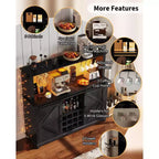 Meuble de bar à café de 55" avec porte coulissante - Grand vaisselier de cuisine avec prise de courant intégrée, porte-verres à vin et grand rangement de buffet - Bar à café de style ferme