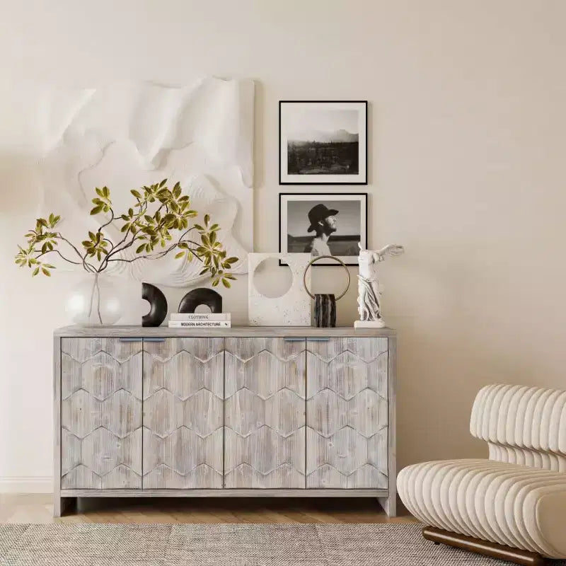 Credenza Buffet, Mobile Dispensa da Cucina con 4 Maniglie Metalliche, Mobile Bar per Caffè con Motivo Esagonale
