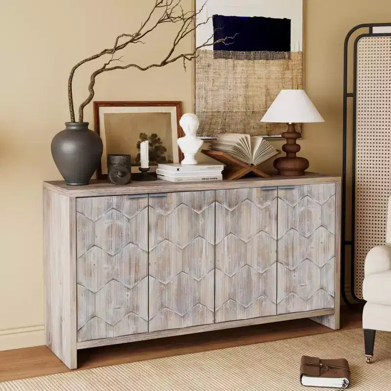 Credenza Buffet, Mobile Dispensa da Cucina con 4 Maniglie Metalliche, Mobile Bar per Caffè con Motivo Esagonale