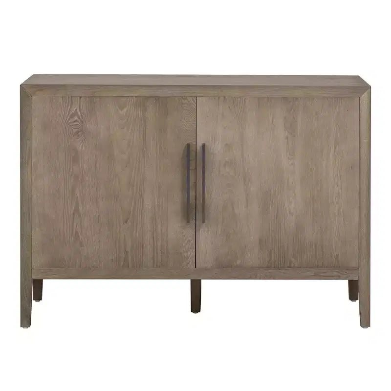 Buffet/armoire de rangement en bois avec deux poignées métalliques et deux portes, adapté aux couloirs, aux entrées et aux salons.