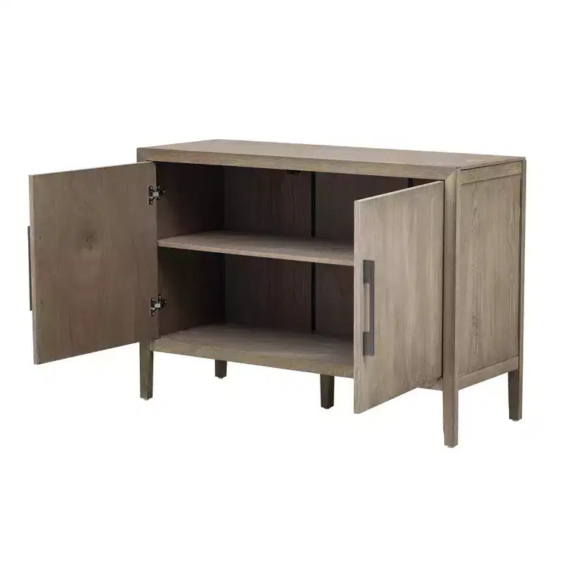 Buffet/armoire de rangement en bois avec deux poignées métalliques et deux portes, adapté aux couloirs, aux entrées et aux salons.