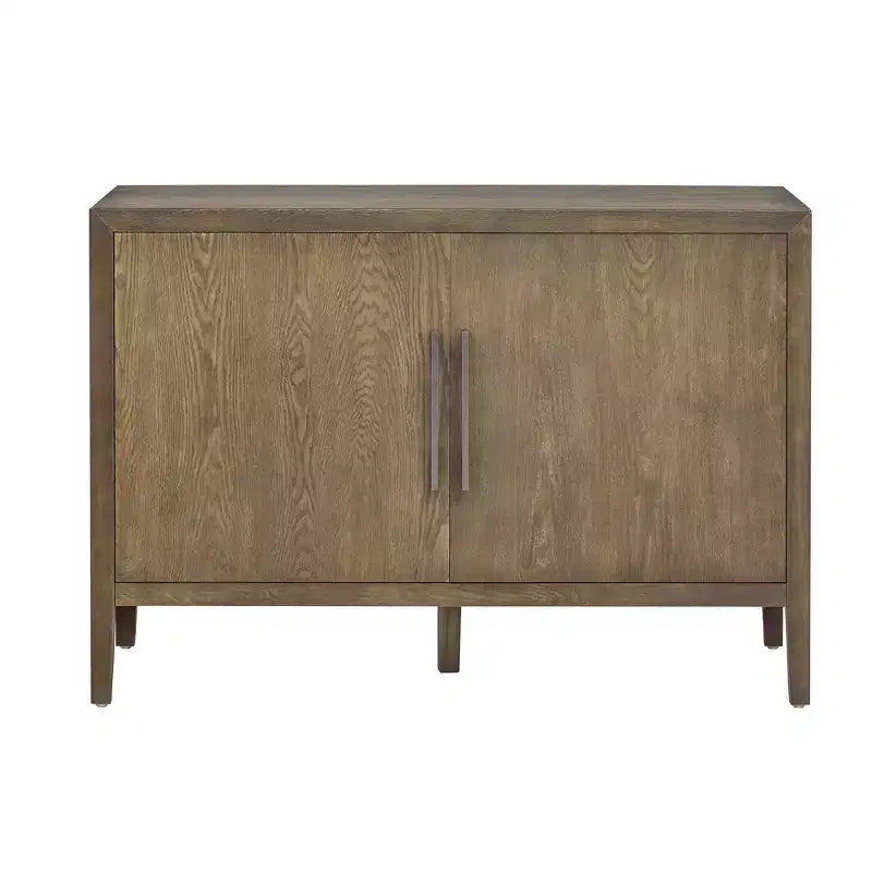 Buffet/armoire de rangement en bois avec deux poignées métalliques et deux portes, adapté aux couloirs, aux entrées et aux salons.