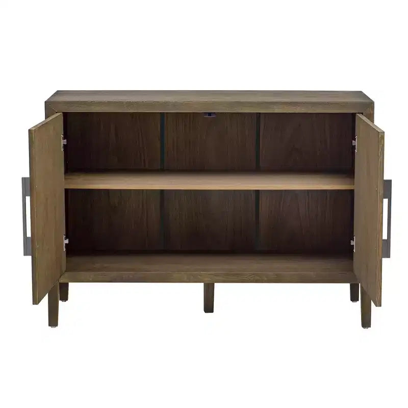 Buffet/armoire de rangement en bois avec deux poignées métalliques et deux portes, adapté aux couloirs, aux entrées et aux salons.
