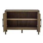 Buffet/armoire de rangement en bois avec deux poignées métalliques et deux portes, adapté aux couloirs, aux entrées et aux salons.