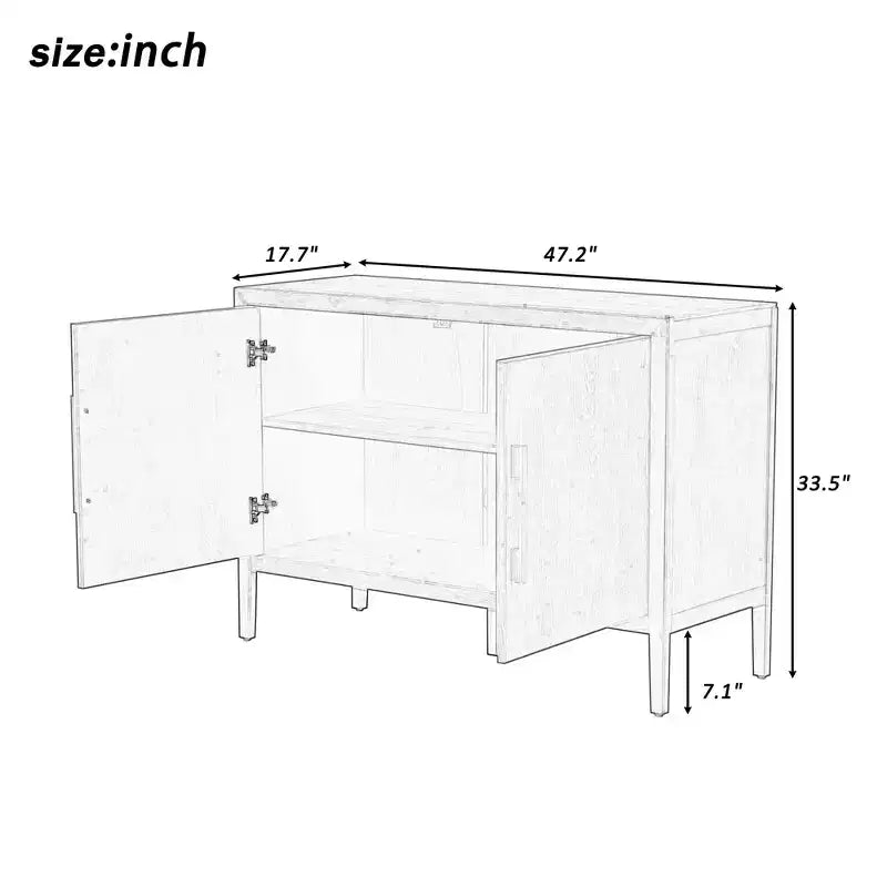 Buffet/armoire de rangement en bois avec deux poignées métalliques et deux portes, adapté aux couloirs, aux entrées et aux salons.