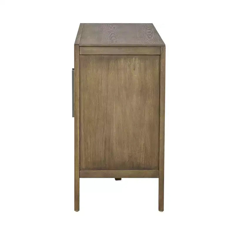 Buffet/armoire de rangement en bois avec deux poignées métalliques et deux portes, adapté aux couloirs, aux entrées et aux salons.