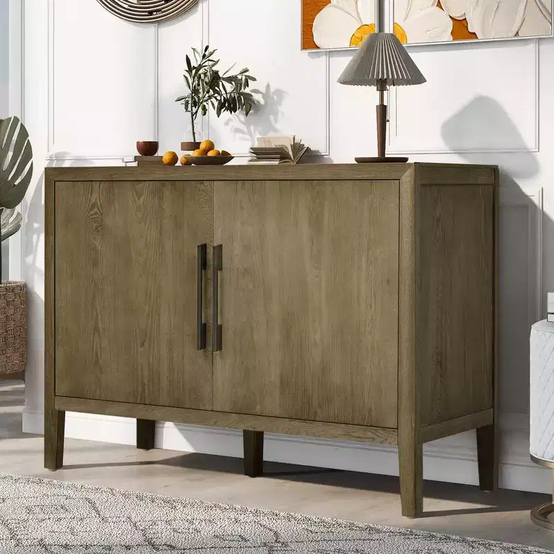 Wooden storage cabinet/dining cabinet with two metal handles and two doors, suitable for hallways, entrances, and living rooms.