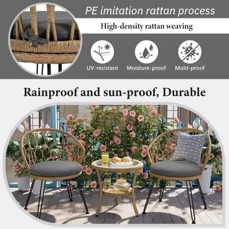 JVNOXK - Set Relax da Esterno, 2 Poltrone Singole in Rattan con Tavolino Rotondo in Vetro, Perfettamente Adatto per Patii, Balconi e Cortili