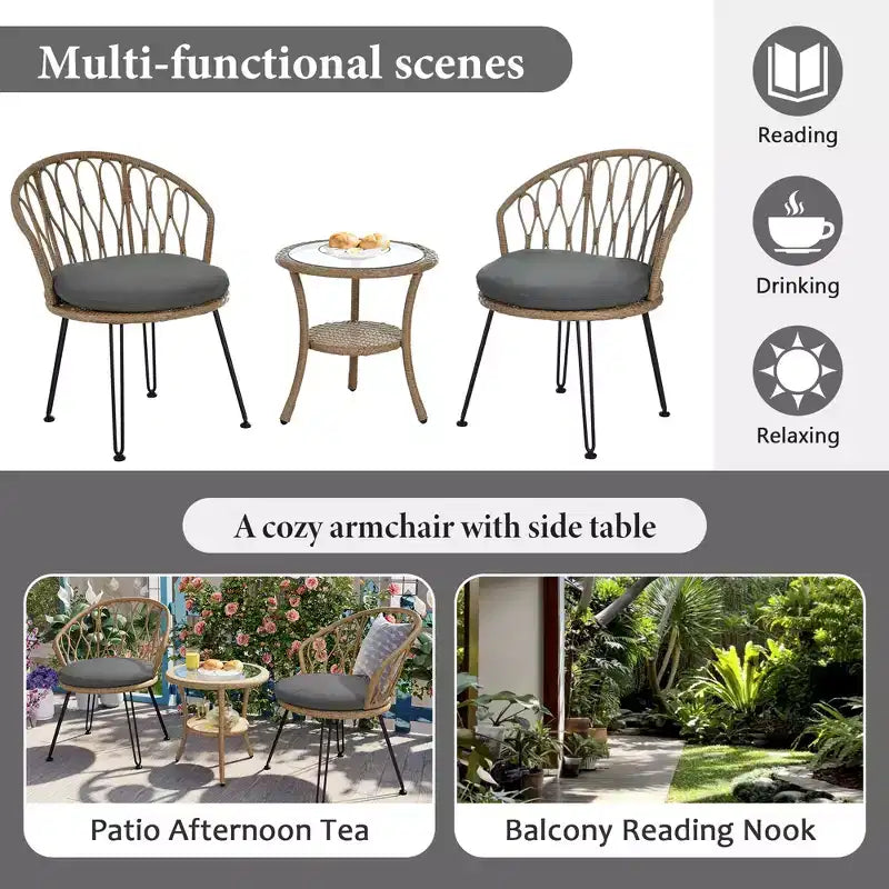 JVNOXK - Set Relax da Esterno, 2 Poltrone Singole in Rattan con Tavolino Rotondo in Vetro, Perfettamente Adatto per Patii, Balconi e Cortili