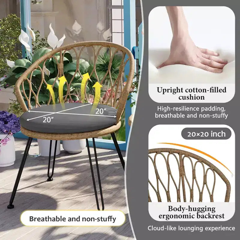 JVNOXK - Set Relax da Esterno, 2 Poltrone Singole in Rattan con Tavolino Rotondo in Vetro, Perfettamente Adatto per Patii, Balconi e Cortili