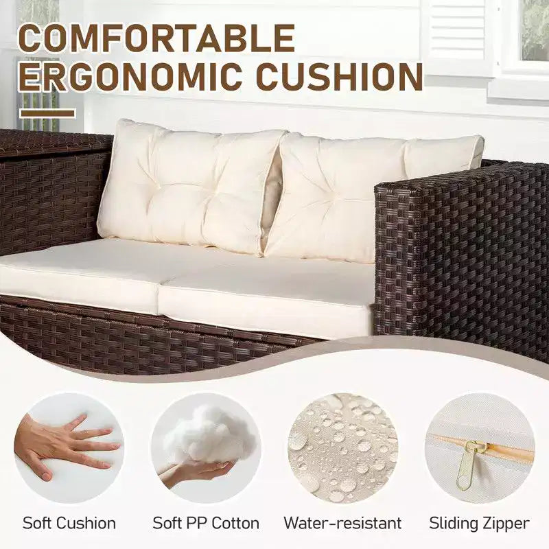 Set da conversazione Karl Home Patio a 4 pezzi in vimini marrone con cuscini beige