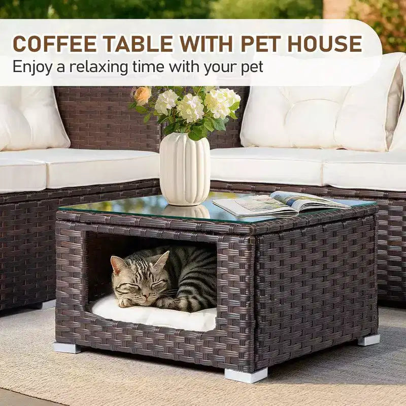 Set da conversazione Karl Home Patio a 4 pezzi in vimini marrone con cuscini beige