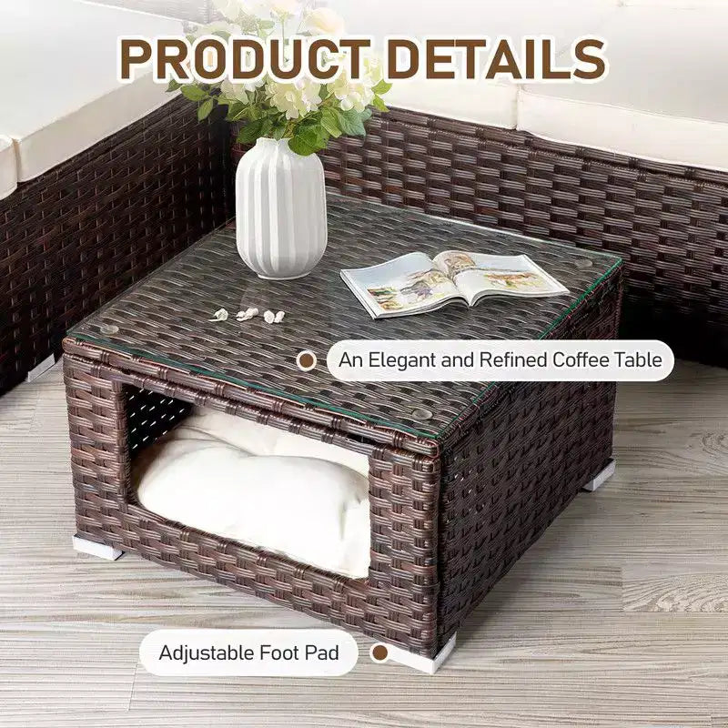 Set da conversazione Karl Home Patio a 4 pezzi in vimini marrone con cuscini beige