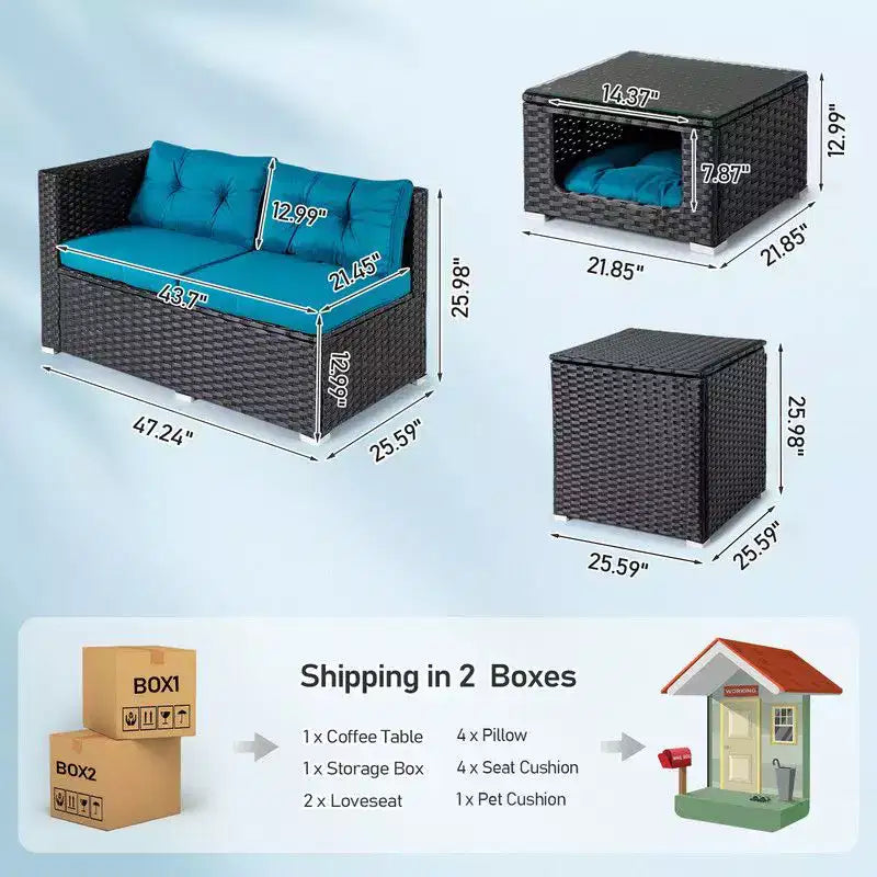 Set da conversazione Karl Home Patio a 4 pezzi in vimini marrone con cuscini beige
