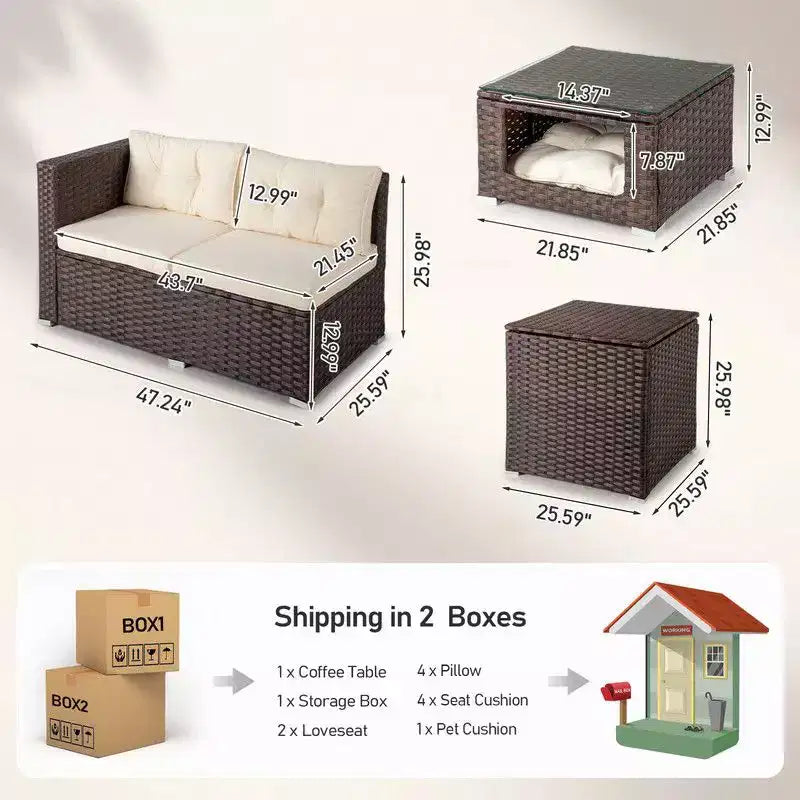 Set da conversazione Karl Home Patio a 4 pezzi in vimini marrone con cuscini beige
