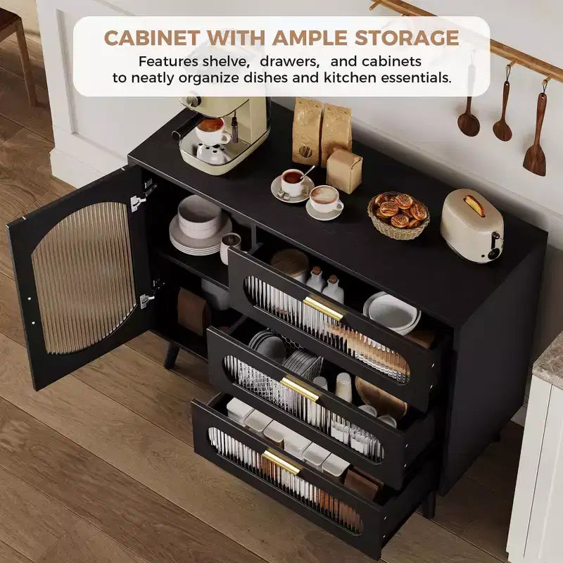 Meuble buffet avec rangement, meuble d'appoint avec porte en verre cannelé et tiroirs, buffet noir pour cuisine, salle à manger, salon