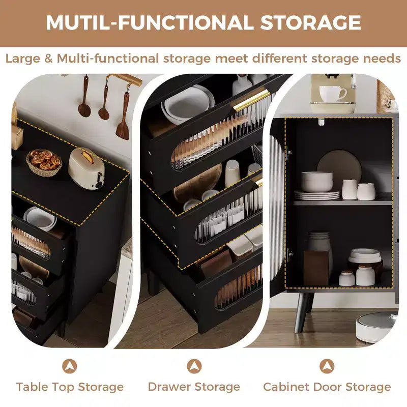 Meuble buffet avec rangement, meuble d'appoint avec porte en verre cannelé et tiroirs, buffet noir pour cuisine, salle à manger, salon