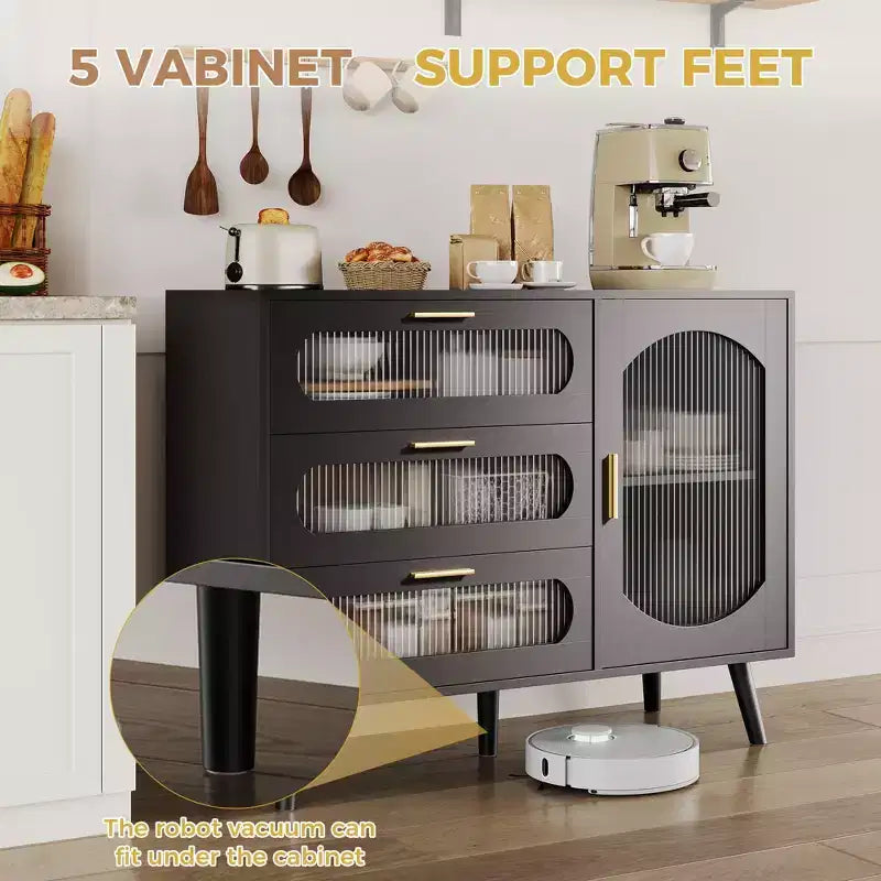 Meuble buffet avec rangement, meuble d'appoint avec porte en verre cannelé et tiroirs, buffet noir pour cuisine, salle à manger, salon