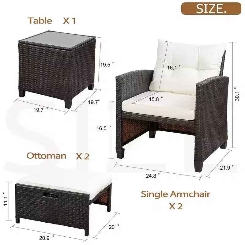 Celebalcony Set da 5 Pezzi di Mobili da Esterno, Set da 2 Sedie da Patio in Rattan Vimini PE con Cuscini Poggiapiedi e Tavolino in Vetro per Veranda Giardino Bianco Sporco