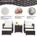 Celebalcony Set da 5 Pezzi di Mobili da Esterno, Set da 2 Sedie da Patio in Rattan Vimini PE con Cuscini Poggiapiedi e Tavolino in Vetro per Veranda Giardino Bianco Sporco
