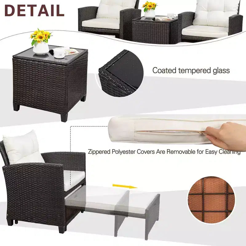 Celebalcony Set da 5 Pezzi di Mobili da Esterno, Set da 2 Sedie da Patio in Rattan Vimini PE con Cuscini Poggiapiedi e Tavolino in Vetro per Veranda Giardino Bianco Sporco