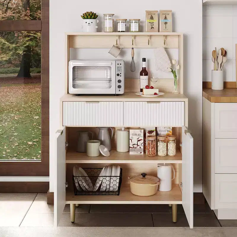 Credenza a buffet scanalata con contenitore, mobile bar moderno con ripiani regolabili e 2 cassetti, tavolo consolle da buffet in legno per sala da pranzo/soggiorno