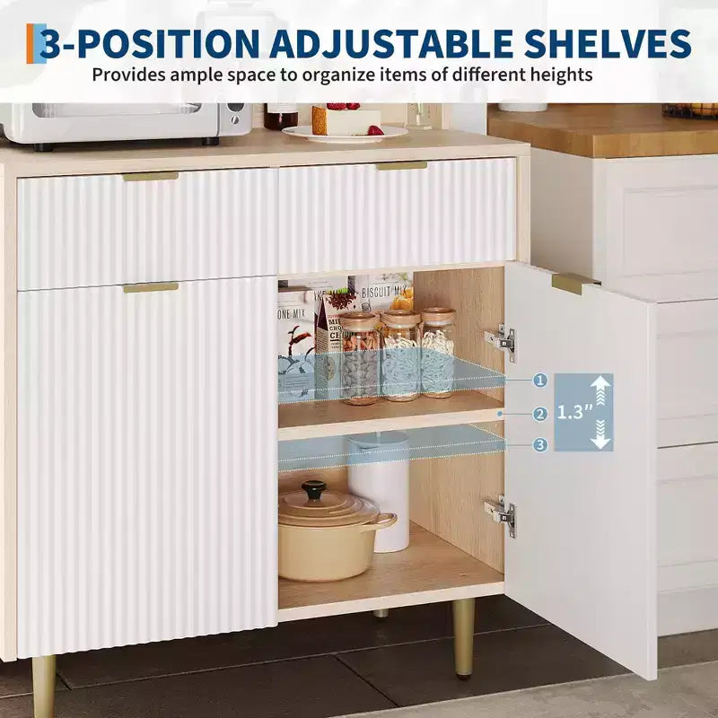 Credenza a buffet scanalata con contenitore, mobile bar moderno con ripiani regolabili e 2 cassetti, tavolo consolle da buffet in legno per sala da pranzo/soggiorno