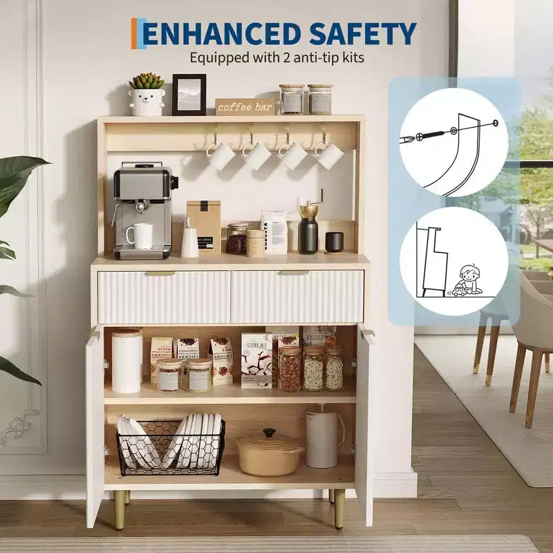 Credenza a buffet scanalata con contenitore, mobile bar moderno con ripiani regolabili e 2 cassetti, tavolo consolle da buffet in legno per sala da pranzo/soggiorno