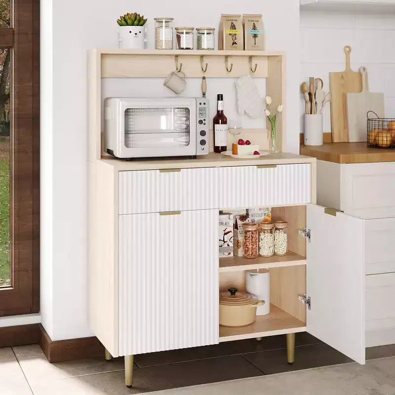 Credenza a buffet scanalata con contenitore, mobile bar moderno con ripiani regolabili e 2 cassetti, tavolo consolle da buffet in legno per sala da pranzo/soggiorno