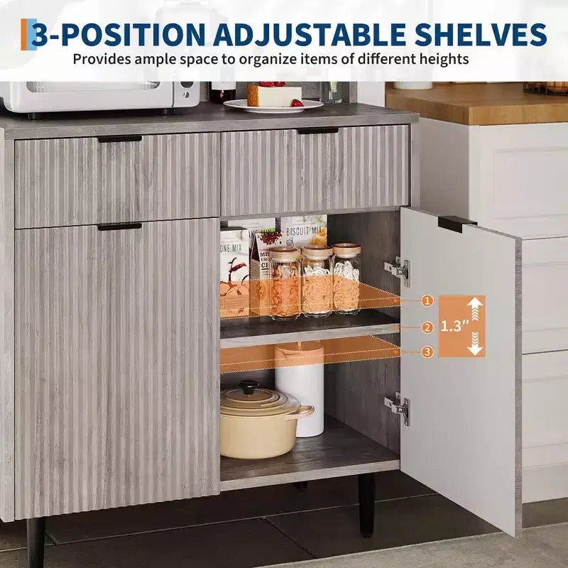 Credenza a buffet scanalata con contenitore, mobile bar moderno con ripiani regolabili e 2 cassetti, tavolo consolle da buffet in legno per sala da pranzo/soggiorno
