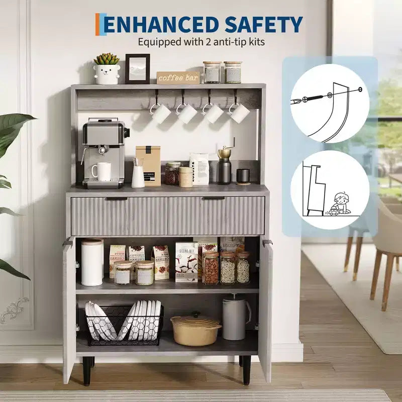 Credenza a buffet scanalata con contenitore, mobile bar moderno con ripiani regolabili e 2 cassetti, tavolo consolle da buffet in legno per sala da pranzo/soggiorno