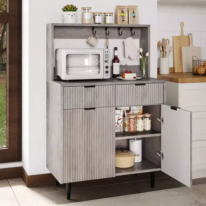 Credenza a buffet scanalata con contenitore, mobile bar moderno con ripiani regolabili e 2 cassetti, tavolo consolle da buffet in legno per sala da pranzo/soggiorno