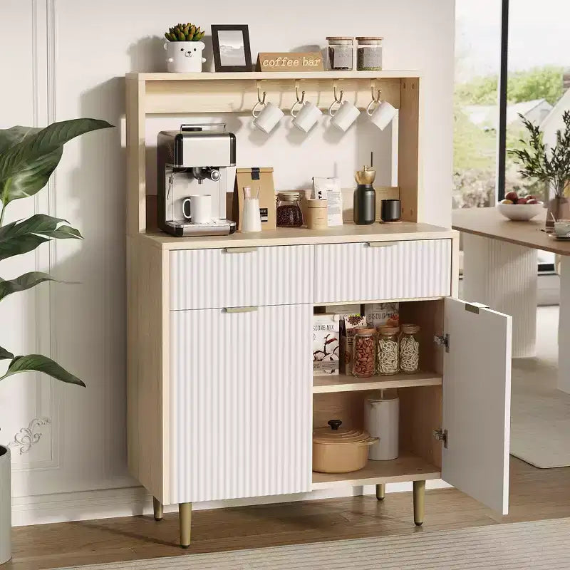 Credenza a buffet scanalata con contenitore, mobile bar moderno con ripiani regolabili e 2 cassetti, tavolo consolle da buffet in legno per sala da pranzo/soggiorno