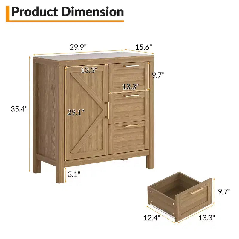 Una credenza in legno con spazio contenitivo, dotata di 3 cassetti e 1 armadietto, ripiani regolabili e gambe in legno. Adatta per soggiorni.