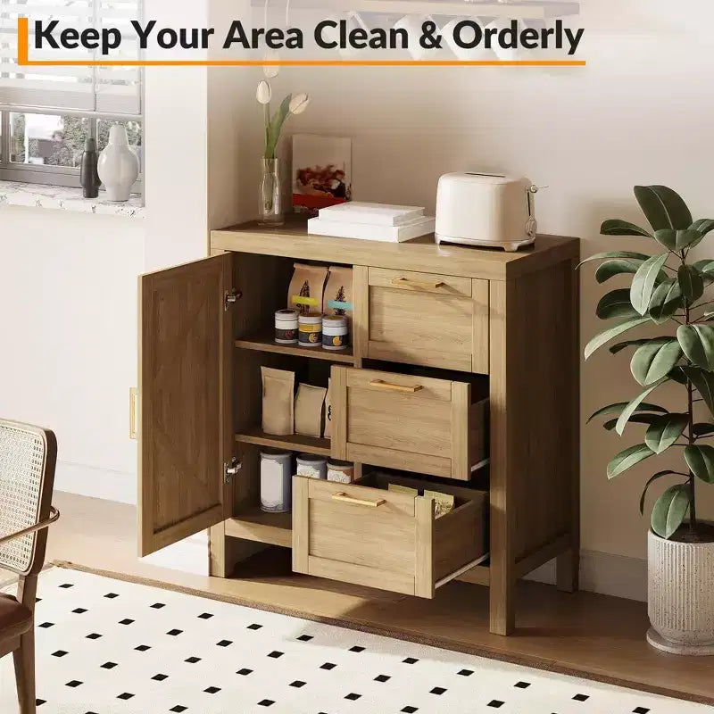 Una credenza in legno con spazio contenitivo, dotata di 3 cassetti e 1 armadietto, ripiani regolabili e gambe in legno. Adatta per soggiorni.