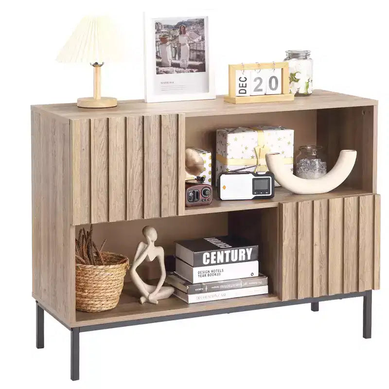 Bahut semi-ouvert, buffet à motif ondulé de 100 cm avec pieds en métal, console marron chêne et noire pour salon, salle à manger, meuble de rangement d'entrée