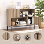 Bahut semi-ouvert, buffet à motif ondulé de 100 cm avec pieds en métal, console marron chêne et noire pour salon, salle à manger, meuble de rangement d'entrée
