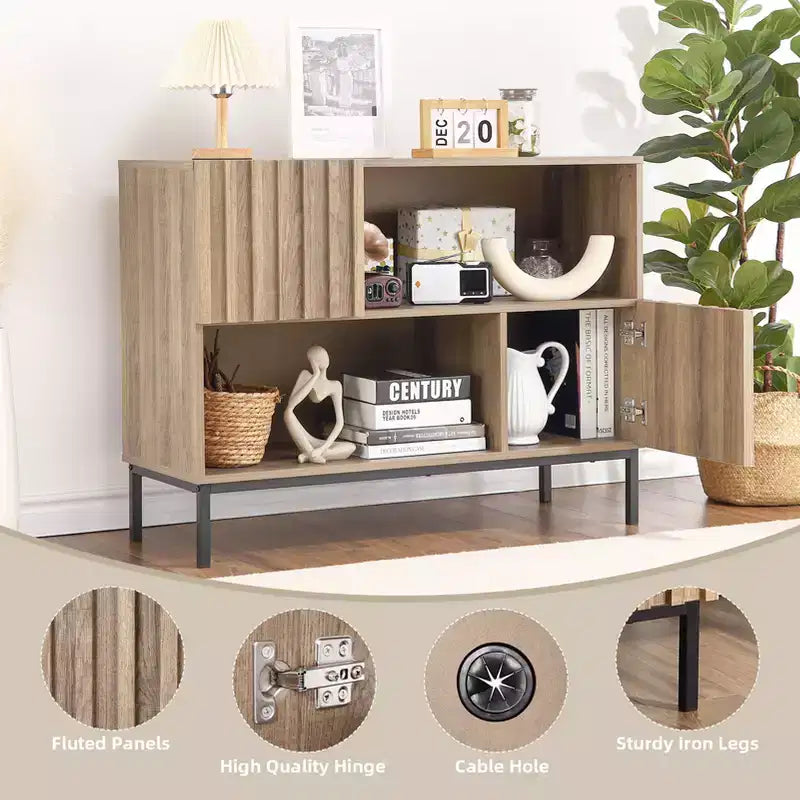 Bahut semi-ouvert, buffet à motif ondulé de 100 cm avec pieds en métal, console marron chêne et noire pour salon, salle à manger, meuble de rangement d'entrée