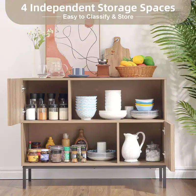 Bahut semi-ouvert, buffet à motif ondulé de 100 cm avec pieds en métal, console marron chêne et noire pour salon, salle à manger, meuble de rangement d'entrée