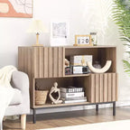 Bahut semi-ouvert, buffet à motif ondulé de 100 cm avec pieds en métal, console marron chêne et noire pour salon, salle à manger, meuble de rangement d'entrée