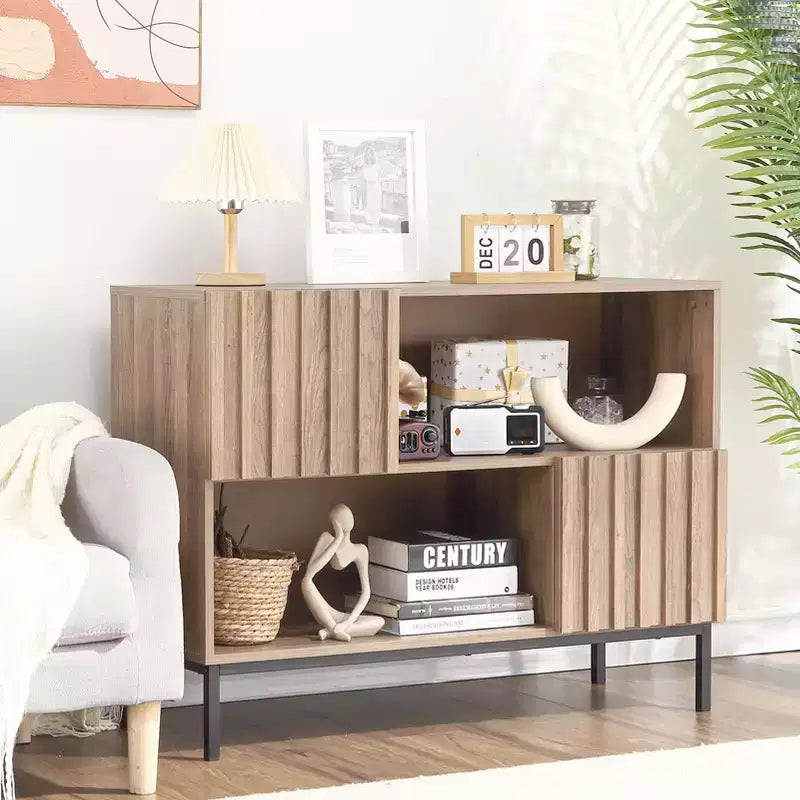 Bahut semi-ouvert, buffet à motif ondulé de 100 cm avec pieds en métal, console marron chêne et noire pour salon, salle à manger, meuble de rangement d'entrée